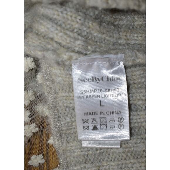B2 Auth SEE BY CHLOE Light Grey Wool Sheer Back & Sleeves Floral Sweater Size L - Picture 4 of 5
